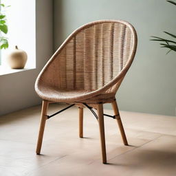 A beautifully crafted rattan chair, displaying detailed weave patterns and standing elegantly alone in a softly lit setting.