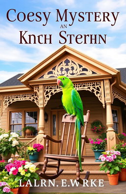 A cozy mystery book cover featuring a vibrant green parrot perched on a rocking chair on the porch of a charming Victorian inn