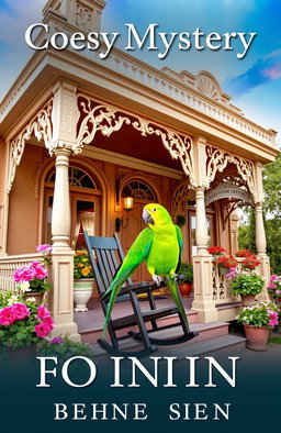 A cozy mystery book cover featuring a vibrant green parrot perched on a rocking chair on the porch of a charming Victorian inn