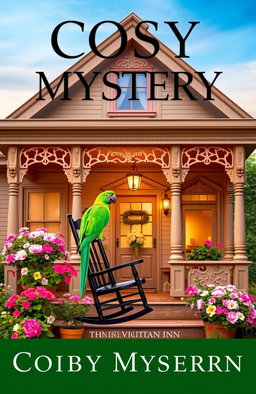 A cozy mystery book cover featuring a vibrant green parrot perched on a rocking chair on the porch of a charming Victorian inn