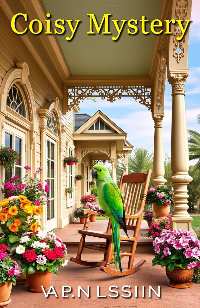 A cozy mystery book cover featuring a vibrant green parrot perched on a rocking chair on the porch of a charming Victorian inn