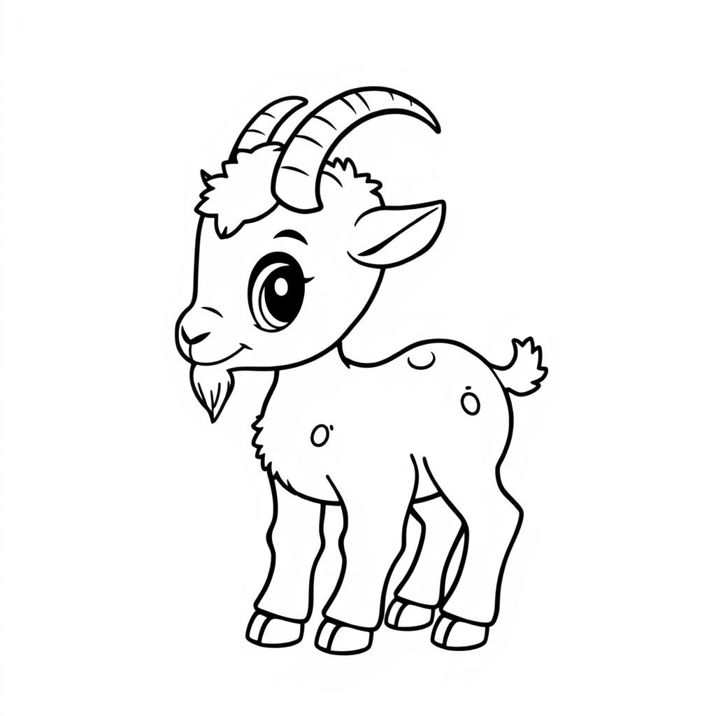 A side view of a cute baby goat with curved horns, big expressive eyes, and a small goatee