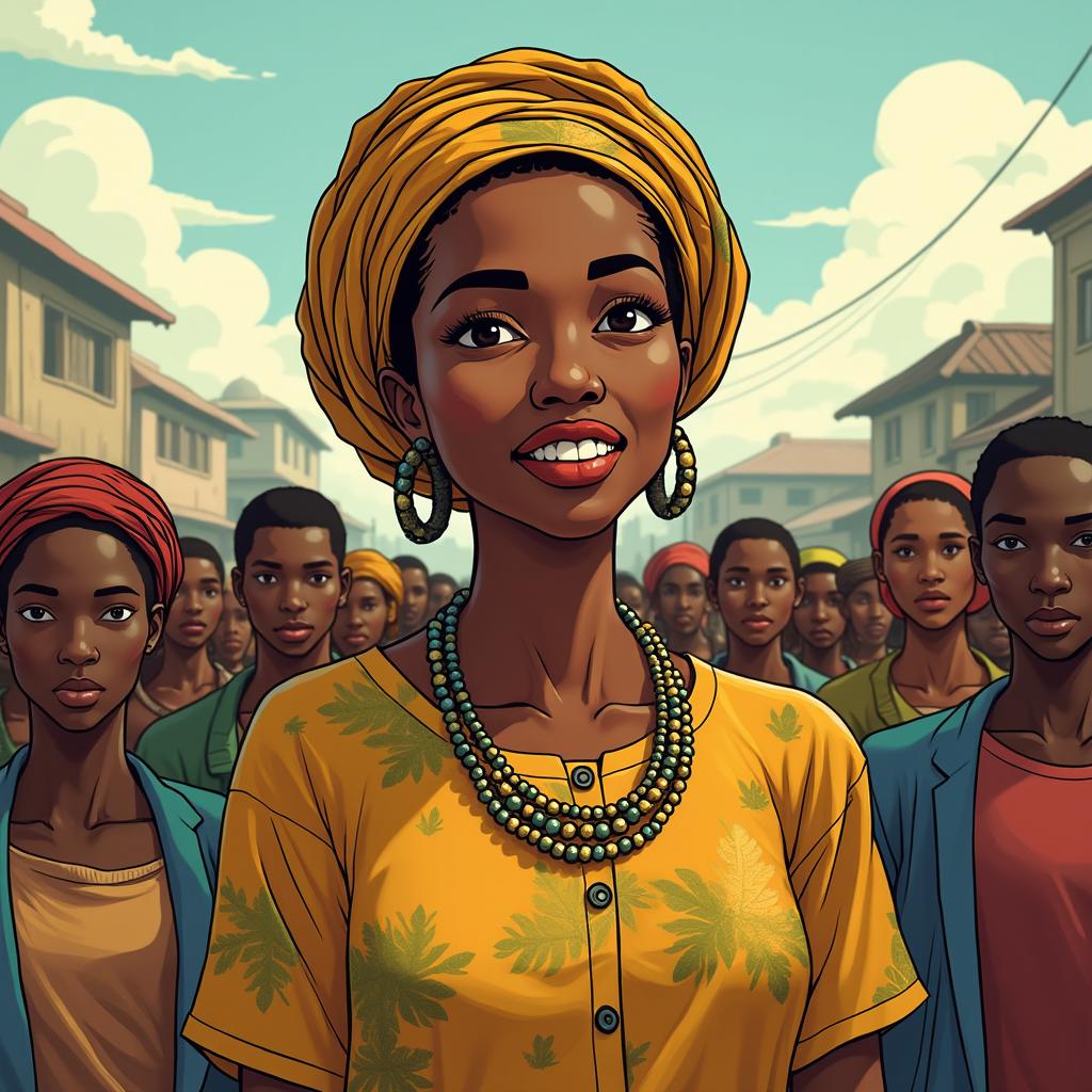 Create a compelling portrait of a Nigerian female character who embodies the role of a fierce grassroots mobilizer
