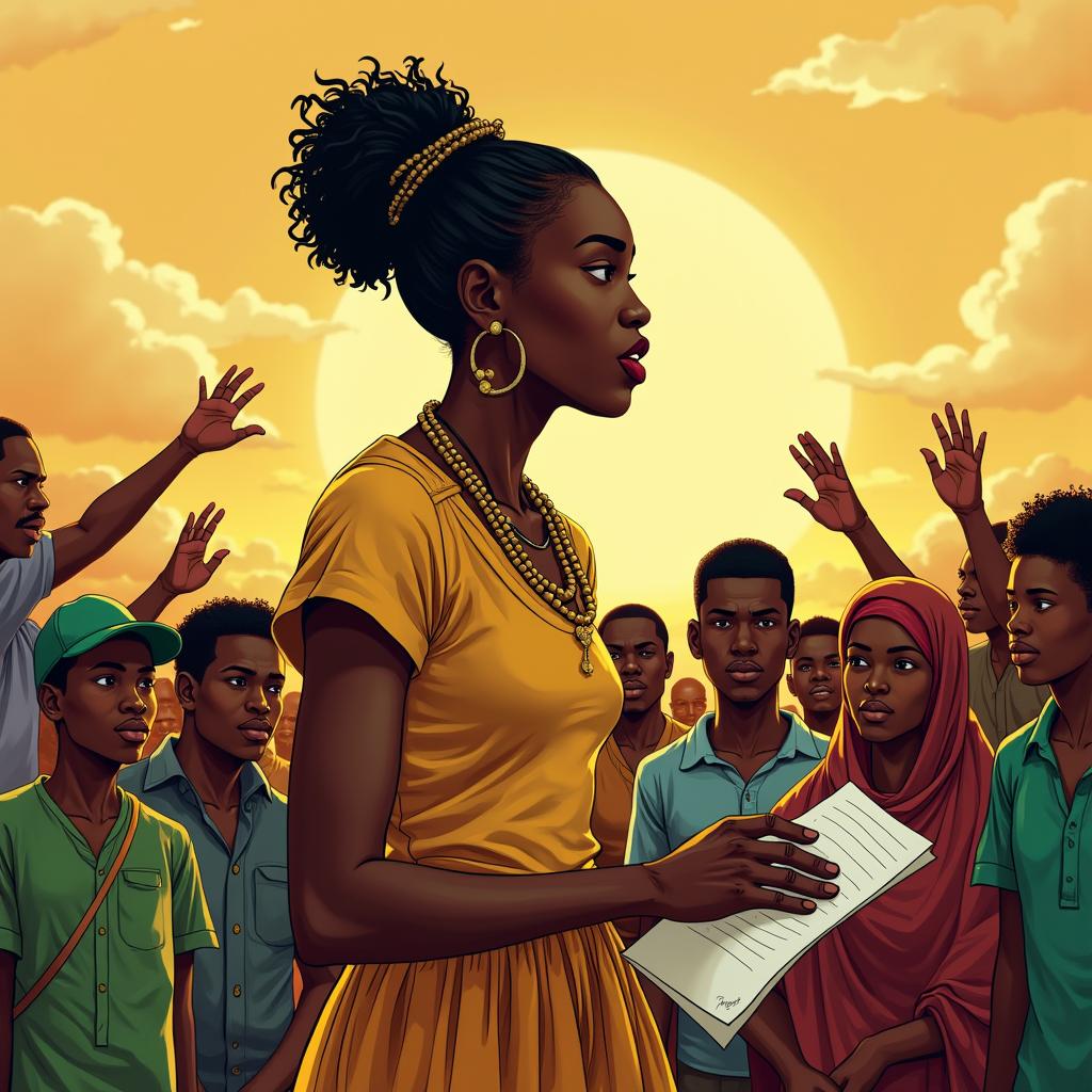 Illustrate a powerful and inspiring Nigerian female character who embodies the role of a fierce grassroots mobilizer