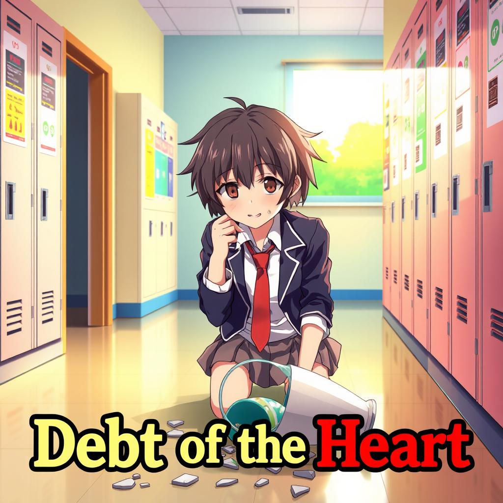 An anime poster featuring a high school girl with short, tousled hair styled to look more masculine, wearing a typical school uniform of a blazer, tie, and skirt