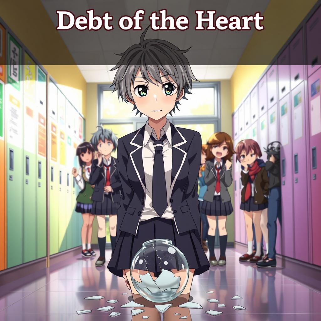 An anime poster featuring a high school girl with short, tousled hair styled to look more masculine, wearing a typical school uniform of a blazer, tie, and skirt