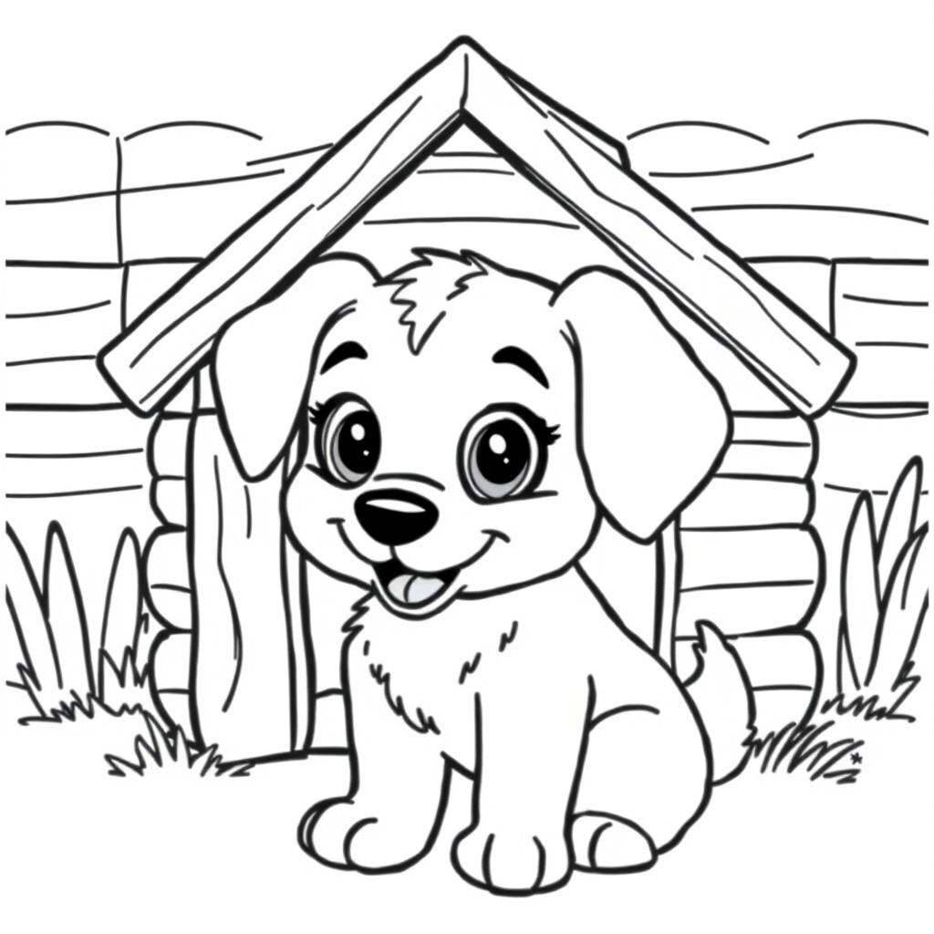 A cute dog sitting in front of a wooden doghouse