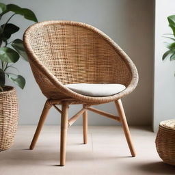 A beautifully crafted rattan chair, displaying detailed weave patterns and standing elegantly alone in a softly lit setting.