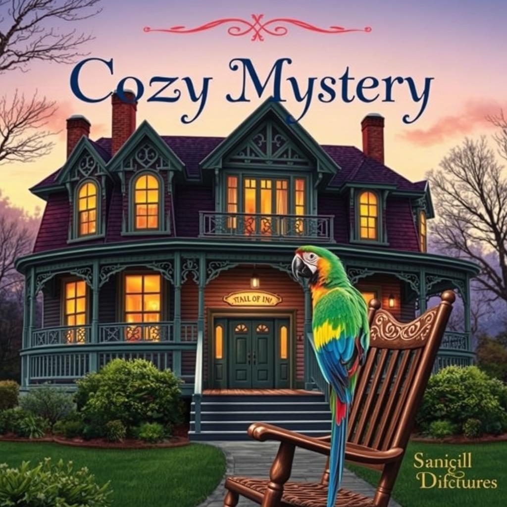 A cozy mystery book cover featuring a charming Victorian inn, beautifully detailed with intricate architecture and inviting front porch