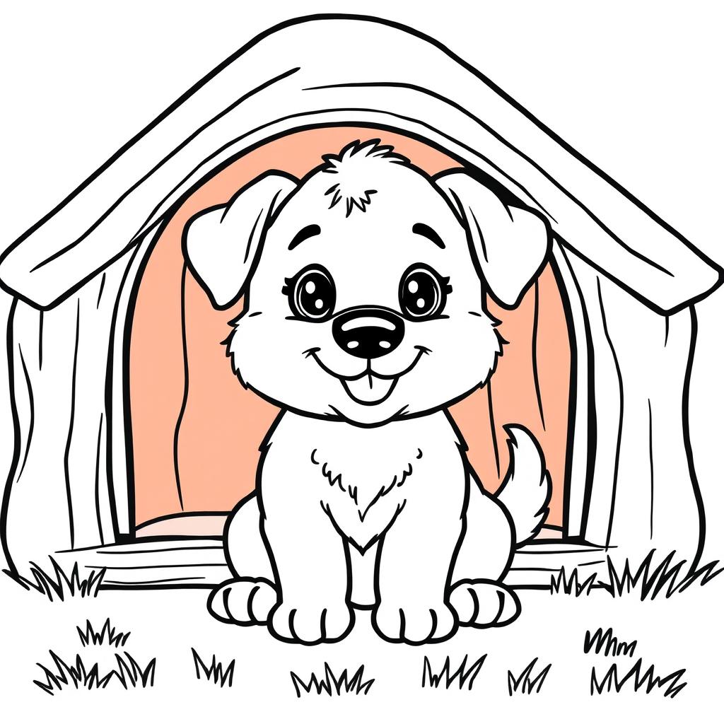 A cute dog sitting in front of a wooden doghouse