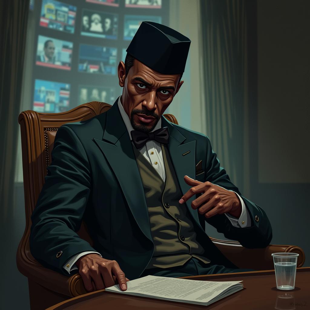 Create a dramatic visual representation of Nigerian Muslim Alhaji Haruna, the antagonist known as 'The Power Broker'
