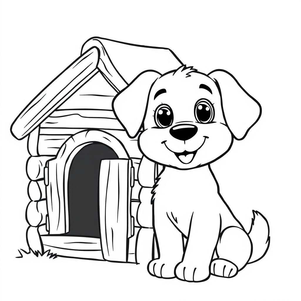 A cute dog sitting next to its wooden doghouse
