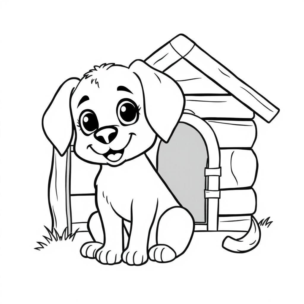 A cute dog sitting next to its wooden doghouse