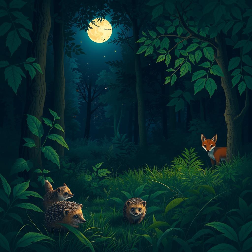 A serene night in a lush forest, illuminated by the soft glow of moonlight filtering through the trees