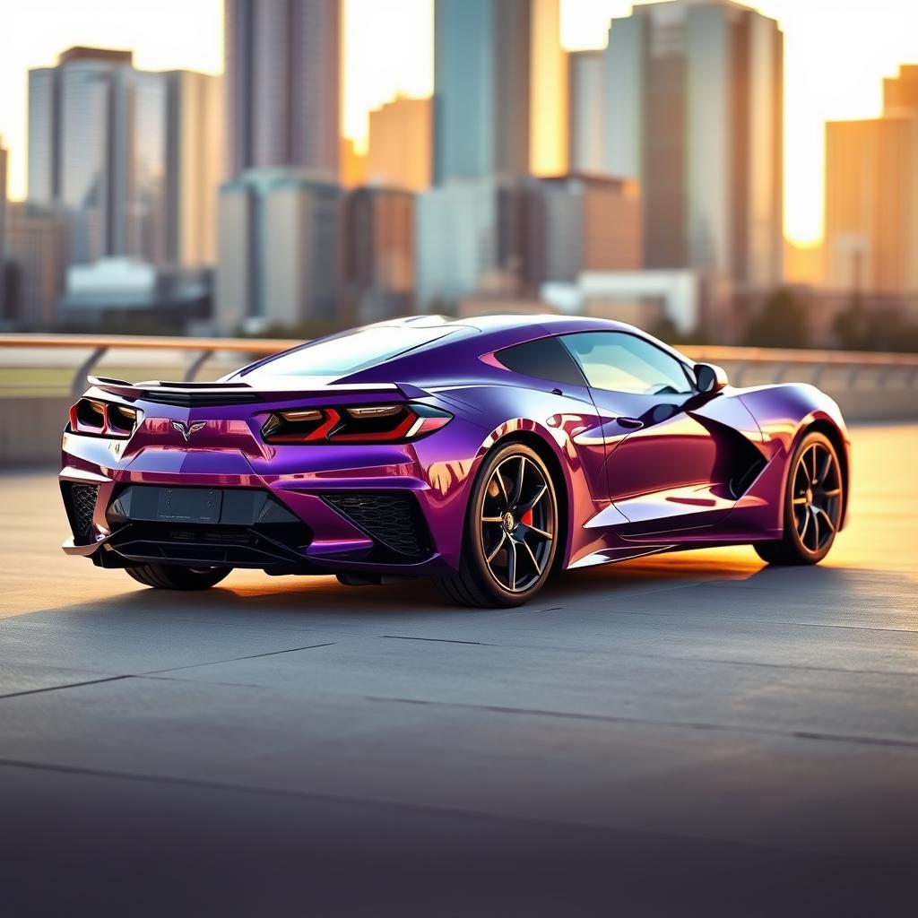 A Chevrolet Corvette Stingray C8 in a stunning metallic purple finish, parked in an elegant urban setting during golden hour
