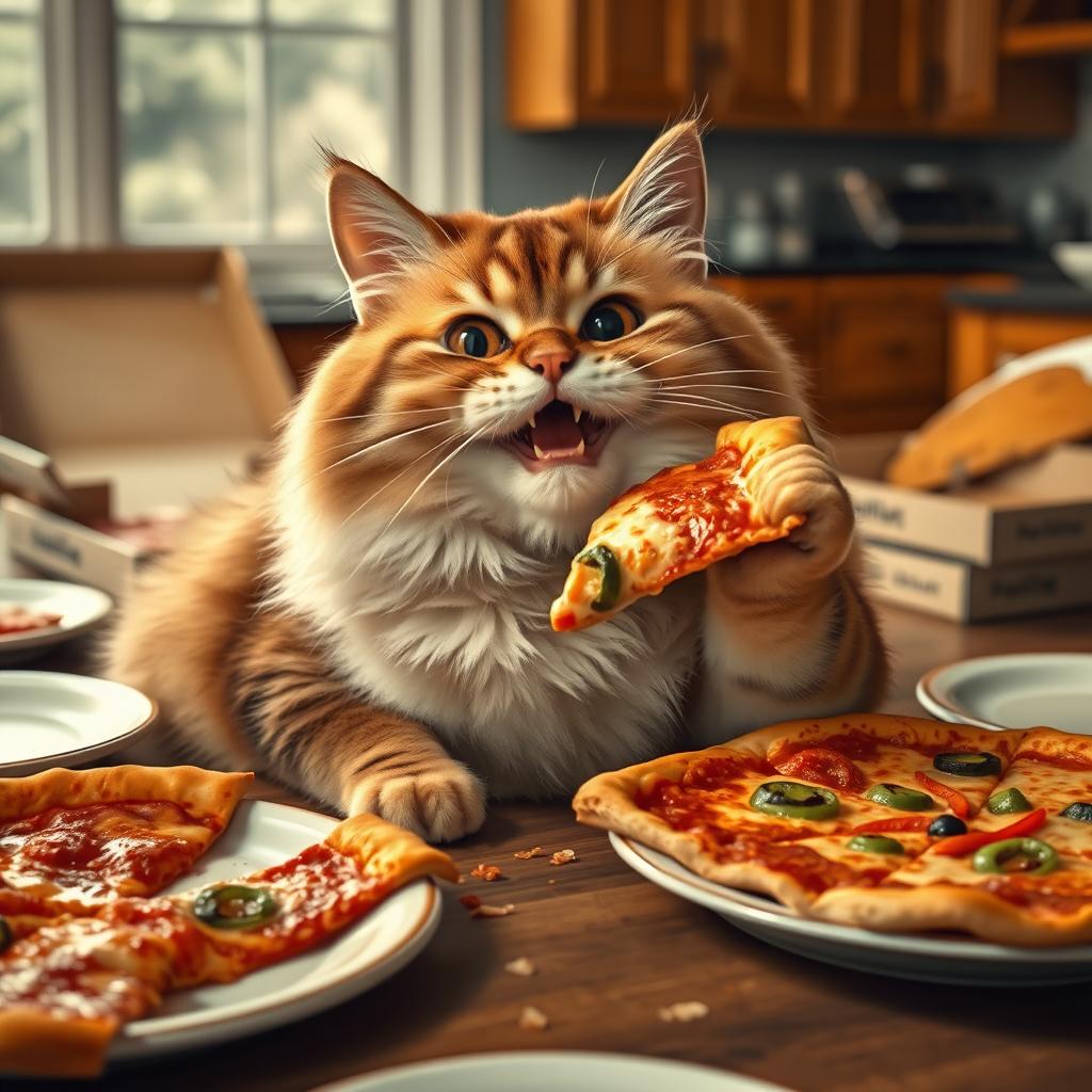 A chubby cat happily munching on a slice of pizza, with a joyful expression