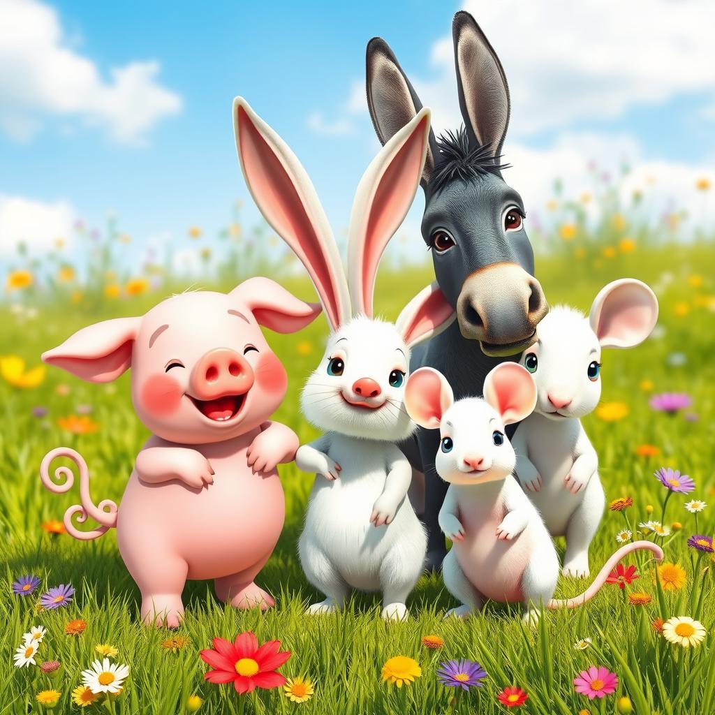 A cute and whimsical scene featuring a pig, rabbit, donkey, mouse, and an albino animal (like an albino rabbit or ferret) standing next to each other in a sunny meadow