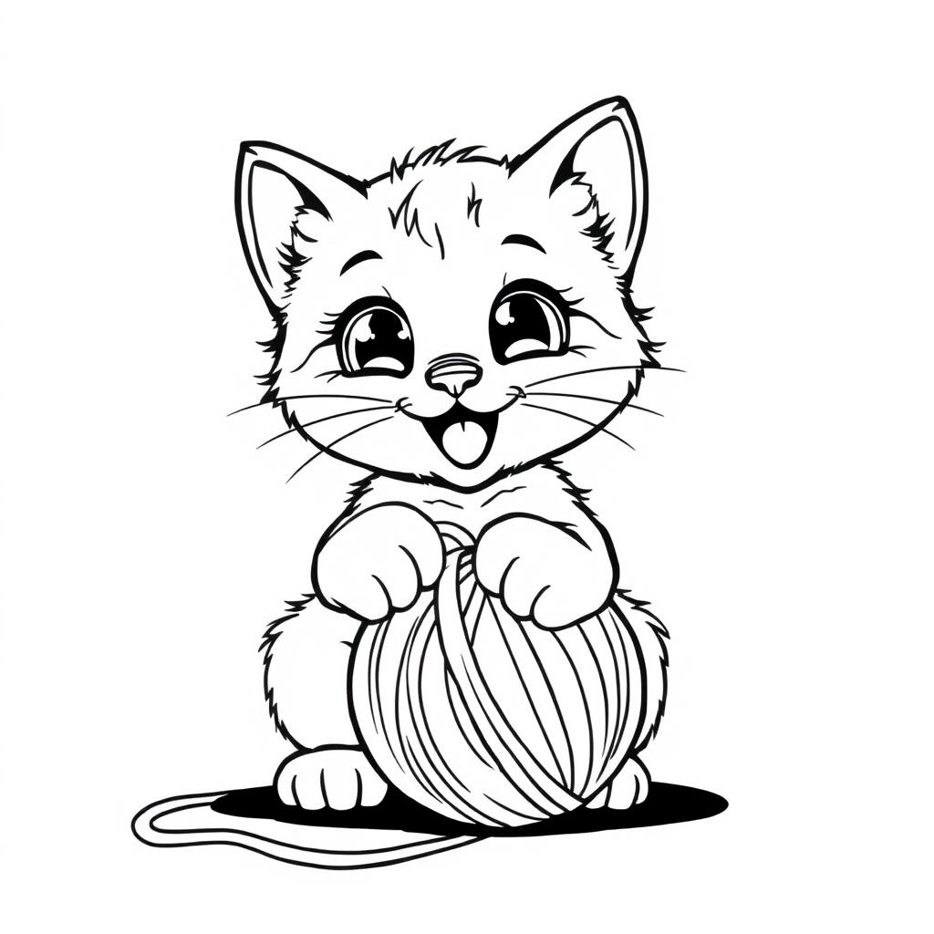 A cute kitten playing with a ball of yarn