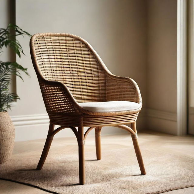 A beautifully crafted rattan chair, displaying detailed weave patterns and standing elegantly alone in a softly lit setting.