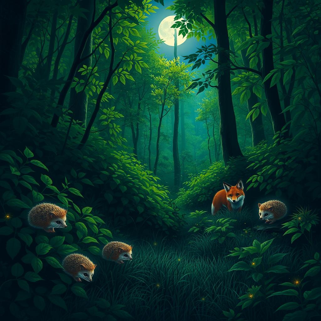 A serene night scene in a lush forest, where the nightlife comes alive slowly
