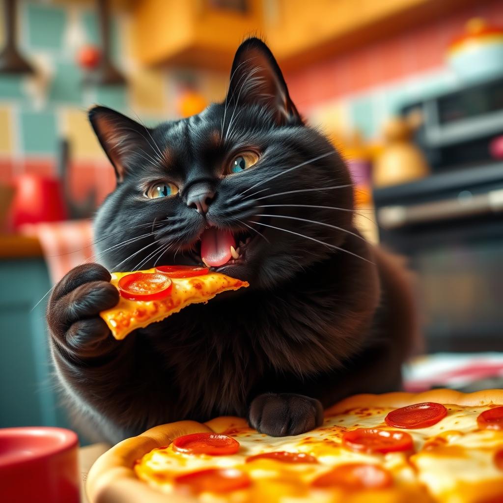 A plump black cat happily munching on a slice of pizza, with its eyes gleaming in delight, surrounded by vibrant colors and playful kitchen elements in the background