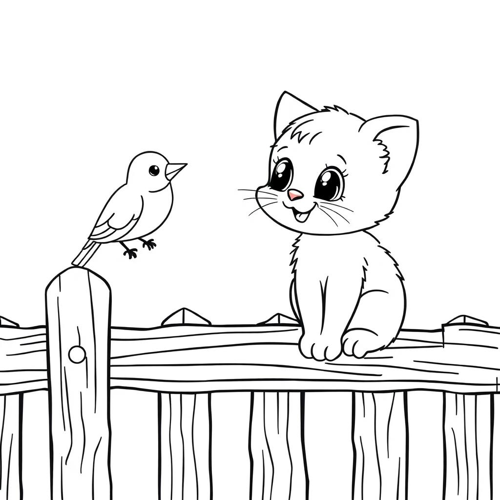 A kitten sitting on a wooden fence, looking at a bird perched beside it
