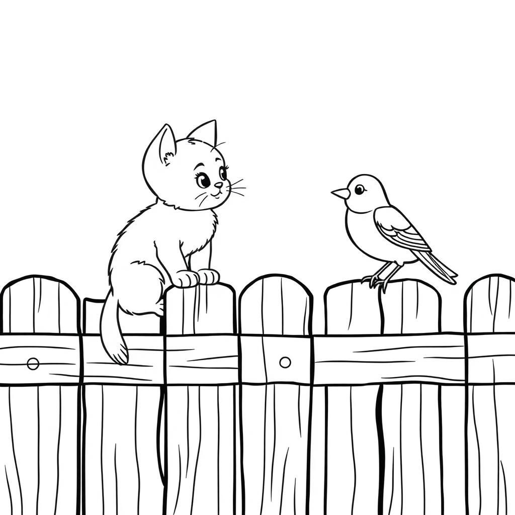 A kitten sitting on a wooden fence, gazing at a bird that is perched next to it