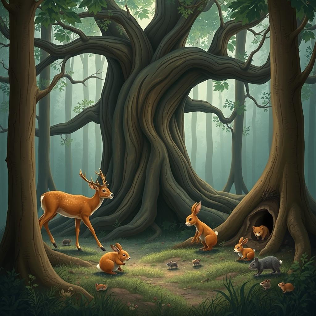 A serene forest scene depicting a deer quietly advancing among the trees, with a curious rabbit stopping just a few steps away from a playful teddy bear