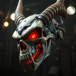 A highly detailed biomechanic demon skull, featuring intricate mechanical elements fused with organic designs