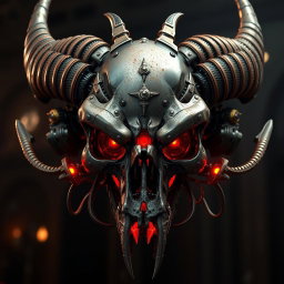 A highly detailed biomechanic demon skull, featuring intricate mechanical elements fused with organic designs