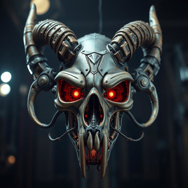 A highly detailed biomechanic demon skull, featuring intricate mechanical elements fused with organic designs
