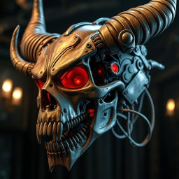 A highly detailed biomechanic demon skull, featuring intricate mechanical elements fused with organic designs