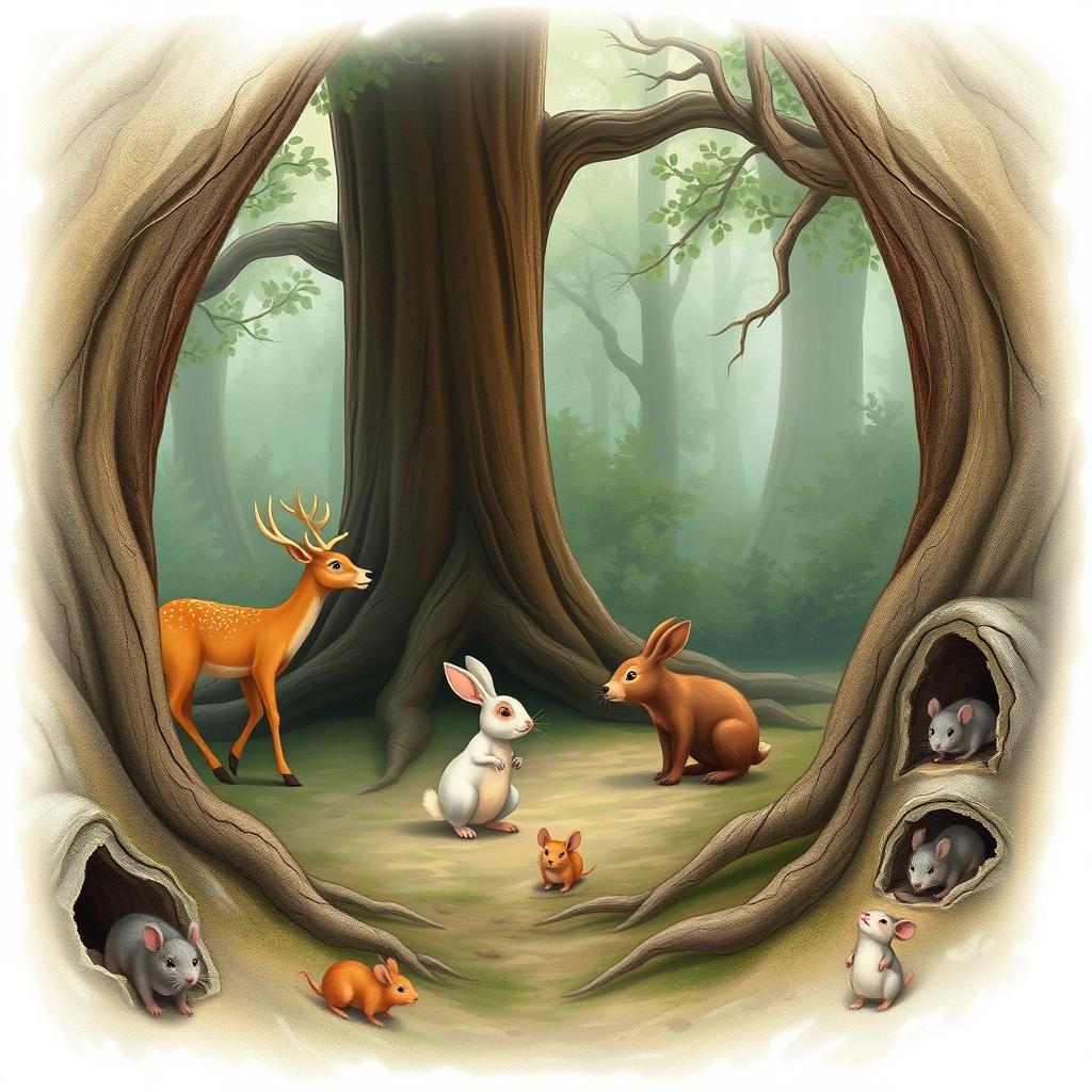 A serene forest scene featuring a deer quietly moving through the trees, followed closely by a curious rabbit that stops just a few steps away from a little bear who appears gentle and friendly