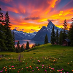 A stunning mountain landscape during sunset, with vibrant orange and purple skies reflecting off a tranquil lake
