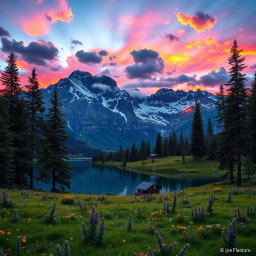 A stunning mountain landscape during sunset, with vibrant orange and purple skies reflecting off a tranquil lake