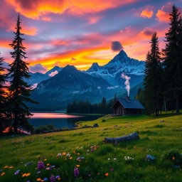A stunning mountain landscape during sunset, with vibrant orange and purple skies reflecting off a tranquil lake