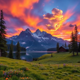 A stunning mountain landscape during sunset, with vibrant orange and purple skies reflecting off a tranquil lake