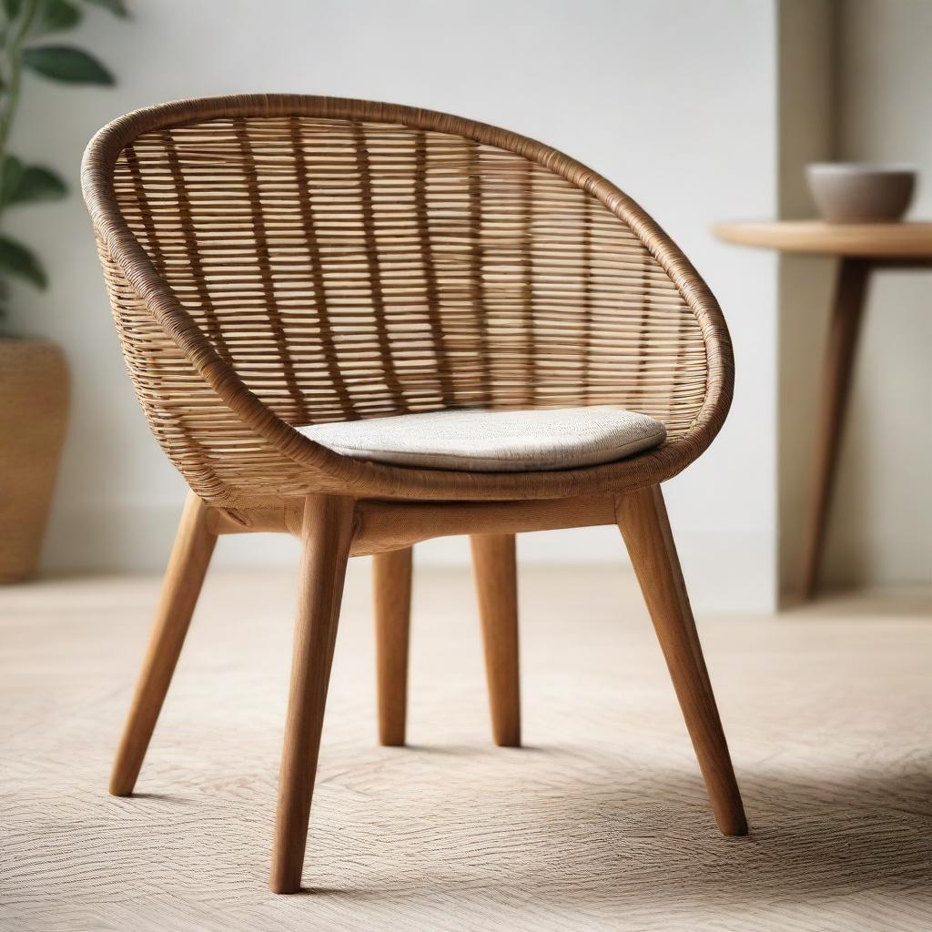 A beautifully crafted rattan chair, displaying detailed weave patterns and standing elegantly alone in a softly lit setting.