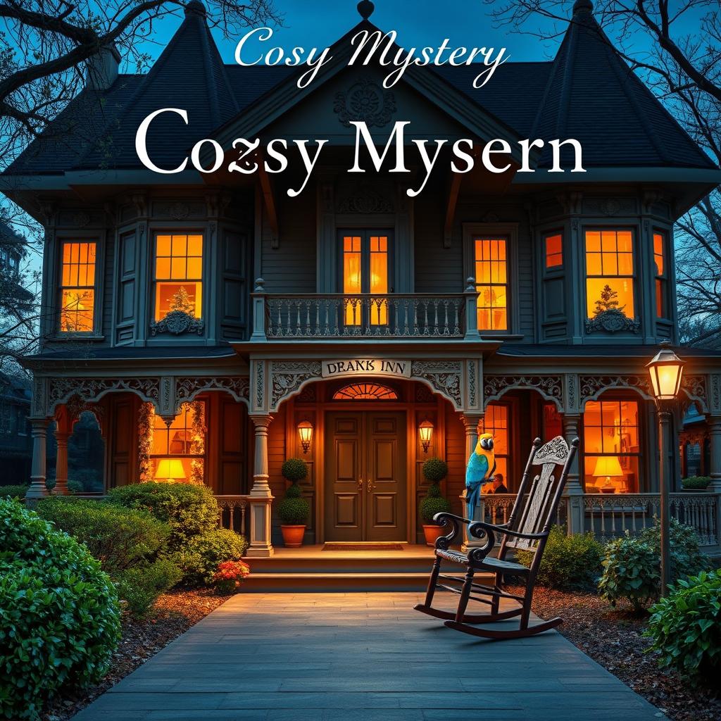A cozy mystery e-book cover featuring a beautiful Victorian inn from a front-facing perspective