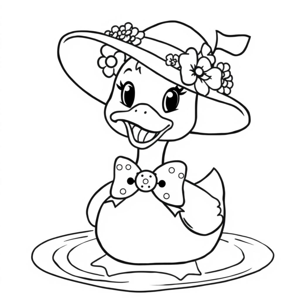 A duck wearing a hat decorated with flowers and a polka dot bow around its neck, floating on water