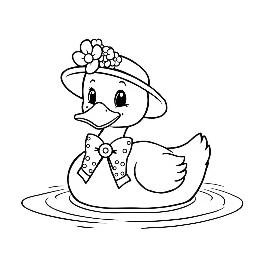 A duck wearing a flower-decorated hat and a polka dot bow around its neck, floating on water