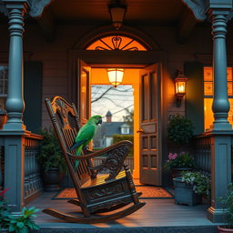 A beautifully detailed Victorian inn porch featuring a wooden rocking chair with intricate carvings, on which a colorful green parrot is perched