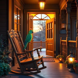 A beautifully detailed Victorian inn porch featuring a wooden rocking chair with intricate carvings, on which a colorful green parrot is perched