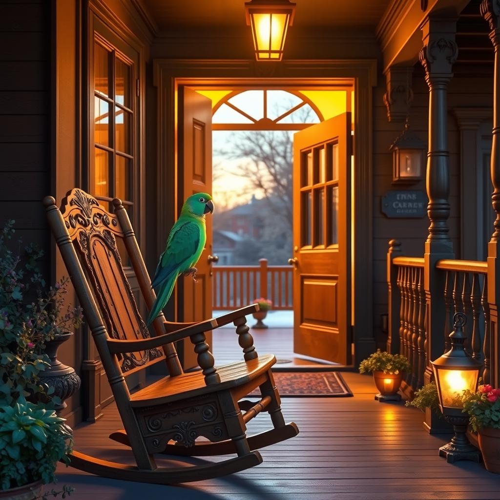 A beautifully detailed Victorian inn porch featuring a wooden rocking chair with intricate carvings, on which a colorful green parrot is perched