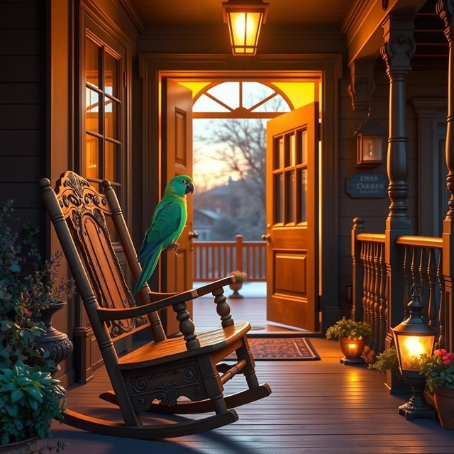A beautifully detailed Victorian inn porch featuring a wooden rocking chair with intricate carvings, on which a colorful green parrot is perched