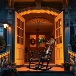 A beautifully detailed Victorian inn porch featuring a wooden rocking chair with intricate carvings, on which a colorful green parrot is perched