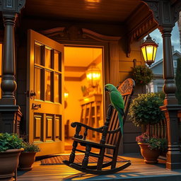 A beautifully detailed Victorian inn porch featuring a wooden rocking chair with intricate carvings, on which a colorful green parrot is perched