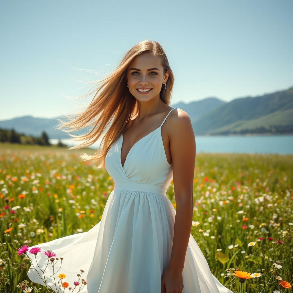 A stunning woman with flowing long hair, striking features, and sparkling eyes, standing in a lush green field of wildflowers under a bright blue sky