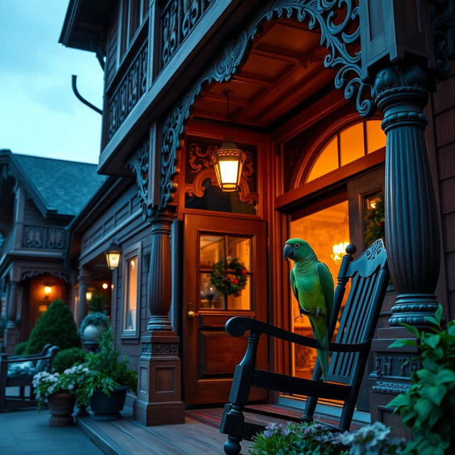 A charming Victorian inn porch featuring intricate wooden details and ornate architecture