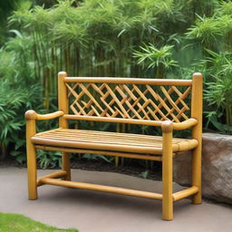 A sturdy, stylish bamboo bench with intricate patterns, placed charmingly amidst a peaceful garden setting.